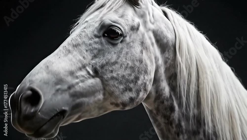 Standing Dapple Gray Horse Profile on Dark Backdrop
