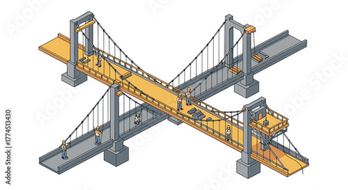 Isometric construction scene with engineers on suspension bridge project