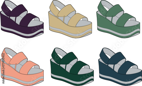 Colorful collection of platform wedge sandals for summer fashion and footwear design illustration