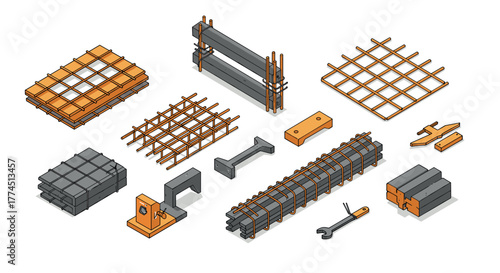 Isometric construction elements: reinforcement bars and tools collection