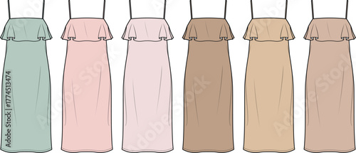 Elegant collection of spaghetti strap maxi dresses in muted colors for fashion design illustration