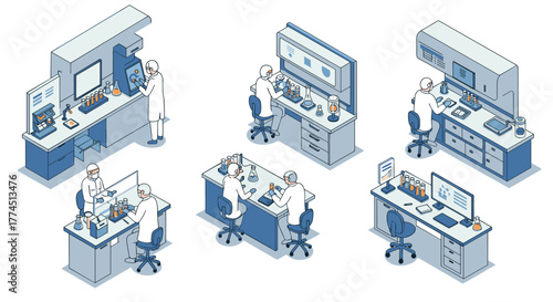 Isometric laboratory research scene with scientists working at stations