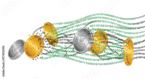 Digital currency flowing through abstract binary code stream, Generative AI.