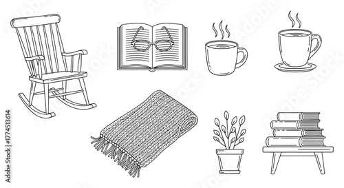 cozy reading corner with rocking chair books coffee and blanket creating a relaxing at-home scene perfect for illustrating calm and serenity