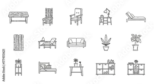 furniture line art illustration various living room furniture in monochrome drawing style ideal for interior design projects and architectural visualization