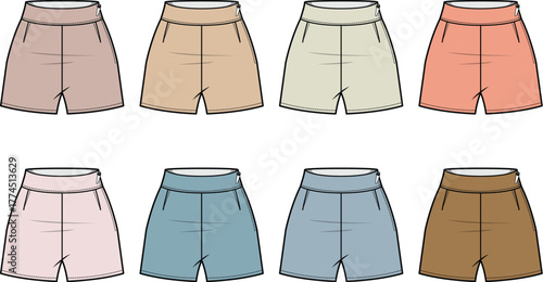 Stylish flat lay apparel illustrations of women's tailored shorts presented in a versatile palette of soft and earthy colors, ideal for modern fashion design resources and clothing mockups