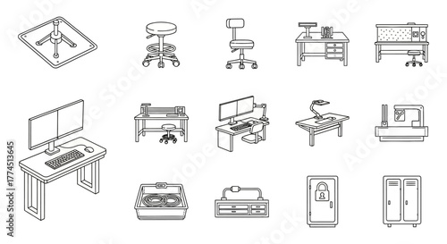 lab equipment icons scientific workstations lab benches chairs and storage units for research and development illustrating a modern lab setting.