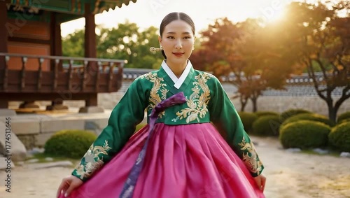 Woman in Traditional Dress Walking Through Historic Courtyard