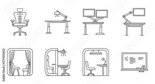 office design elements showing ergonomic workspaces and quiet meeting pods illustrating modern office concepts perfect for coworking layouts