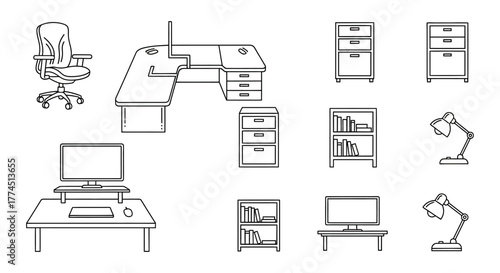office furniture desk chair lamp bookshelves computer for office interior illustration emphasizing efficiency and organization.