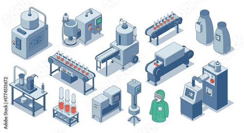 Isometric industrial factory equipment set with machinery and labor elements