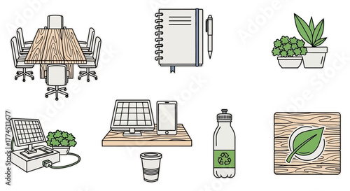 sustainable office environment promoting eco-friendly workplace design with renewable energy plants and recyclable materials for green business initiatives