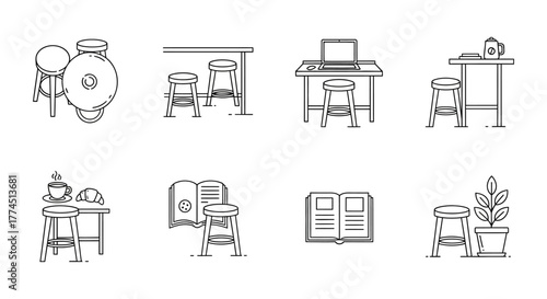 Stool illustrations table laptop open book and plant sketches offering a clean design for lifestyle blogs minimalist furniture catalogues and design projects.