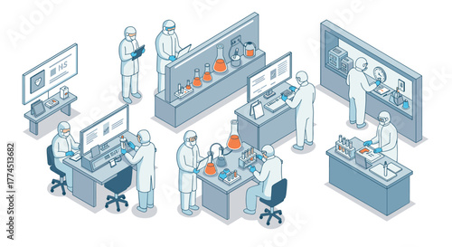 Isometric laboratory scene with scientists conducting experiments in modern r…