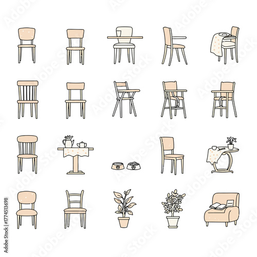 Cozy furniture arrangement chairs tables plants and a sofa create a homely interior design perfect for illustrating domestic comfort and relaxation.