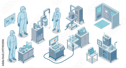Isometric laboratory setup with scientists in protective equipment and modern…