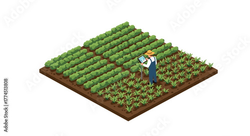 Isometric farmer conducting digital analysis in a lush green field