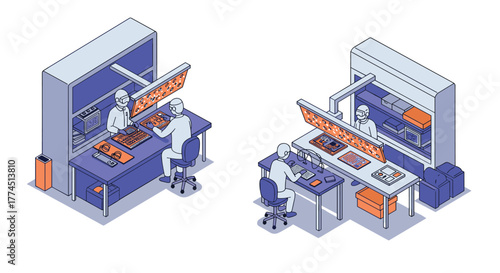Isometric office workspace with developers working on computers and electroni…