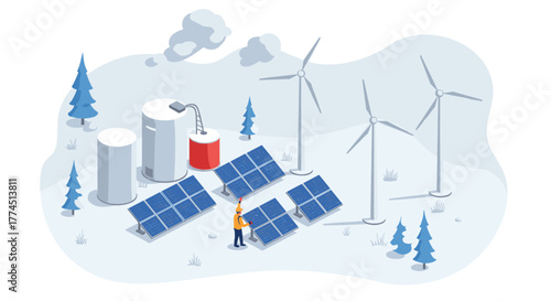Renewable energy landscape with wind turbines and solar panels in winter setting