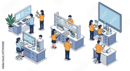 Scientists conducting experiments and analyzing data in isometric laboratory…
