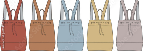 Diverse Collection of Five Vibrant Backpacks on a White Background, Showcasing Various Colors and Styles