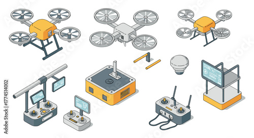 Isometric drone equipment and accessories set with controllers and propellers