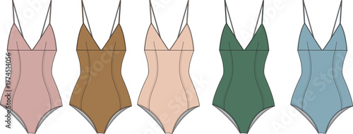 Vector illustration set of women's one-piece swimsuits in multiple colors. Fashion technical drawing of V-neck bodysuit collection for summer