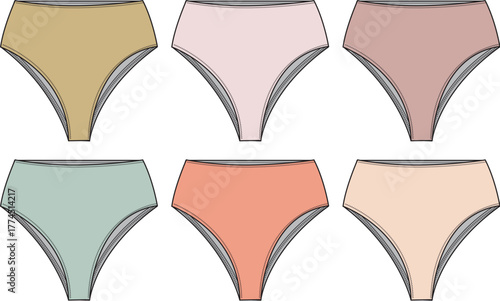Vector collection of high-waisted women's brief panties in a palette of pastel and skin tone colors for fashion mockups