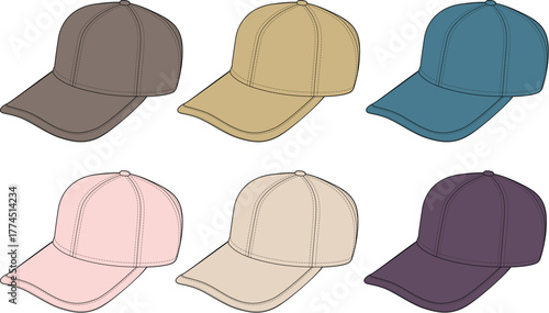 Collection of Six Baseball Caps in Various Colors and Shades