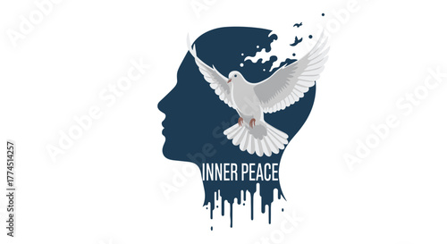 Dove flying out of human head symbolizing inner peace and freedom, Generative AI.