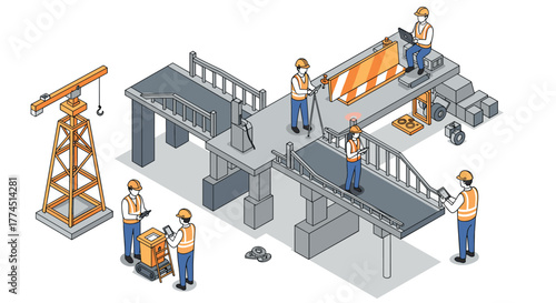 Isometric construction site with workers and equipment in action
