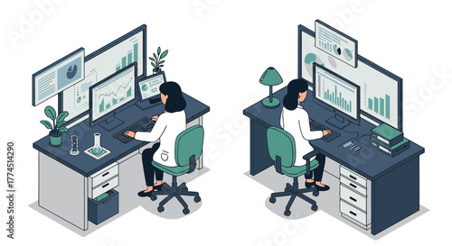 Modern office workspace with female professionals analyzing data and charts