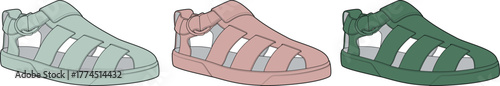 Colorful sandal illustrations A trio of stylish open-toe footwear in various pastel shades for summer