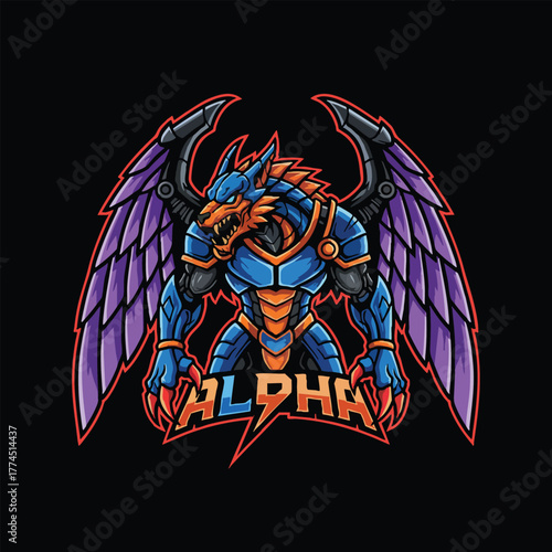 Futuristic cyborg arm with a clenched fist holding a symbol of electric power, a mascot design for technology or gaming