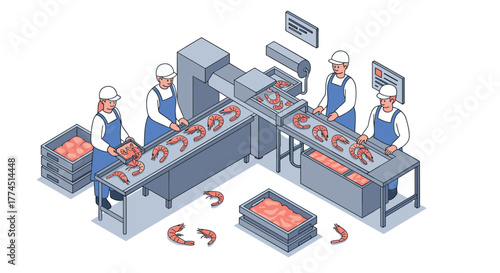 Isometric seafood processing plant with workers sorting and packaging shrimp