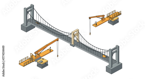 Isometric suspension bridge construction with crane and workers