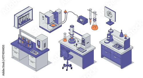 Isometric laboratory equipment design with scientific tools and instruments