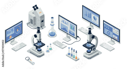 Isometric laboratory setup with microscopes and data analysis monitors