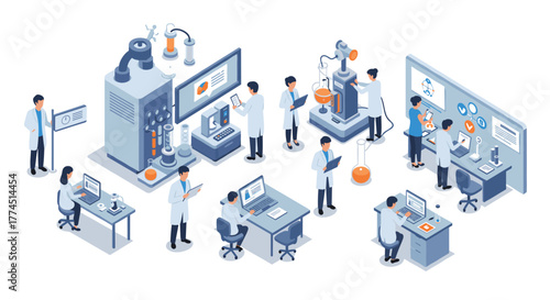 Scientists in a laboratory setting using advanced technology in isometric design