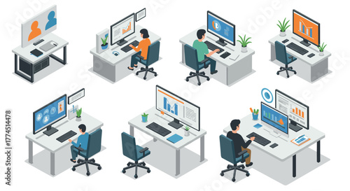 Modern office setup isometric design with diverse employees at desks