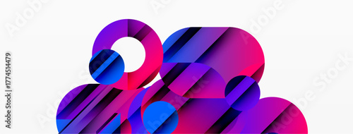 Abstract shapes, vibrant colors, dynamic composition. Modern design, gradients create depth, visual harmony present.