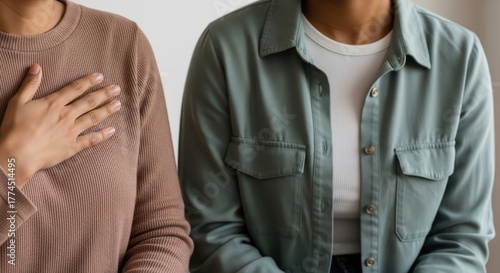 Two women standing close, one with hand on chest, showing empathy and support.