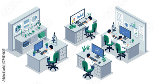 Modern isometric office workspace with diverse tasks and technology