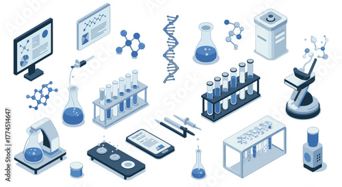 Modern isometric laboratory equipment and dna molecule structures in blue and…