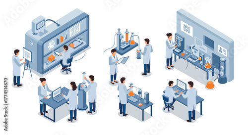 Scientific research lab with scientists working in isometric design
