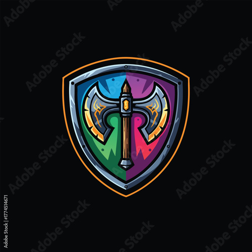 Futuristic cyborg arm with a clenched fist holding a symbol of electric power, a mascot design for technology or gaming