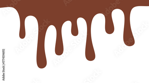 Melted chocolate or syrup drips isolated on a white background. Flowing liquid chocolate border element. A sweet brown syrup or sauce that melts and drips.