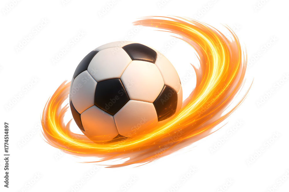 Fototapeta premium Glowing Energy Swirl Around Soccer Ball – Dynamic 3D Render on Transparent Background
