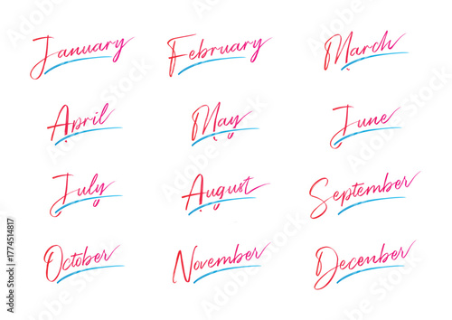 The names of the twelve months with six lines. January, February, March, April, May, June, July, August, September, October, November, December