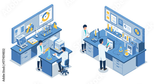 Isometric laboratory scene with scientists conducting research in modern scie…